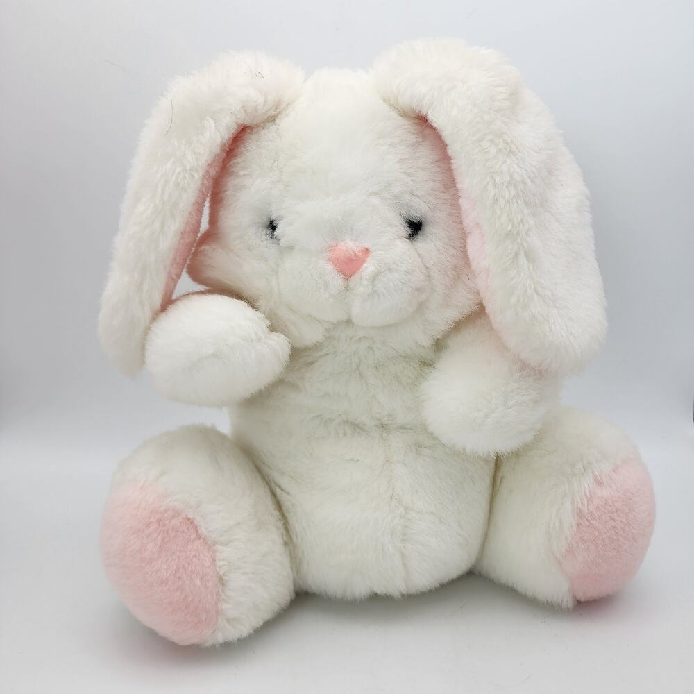 Vintage White Bunny Rabbit Plush Stuffed Toy 13" Pot Belly Pink Nose Long Ears